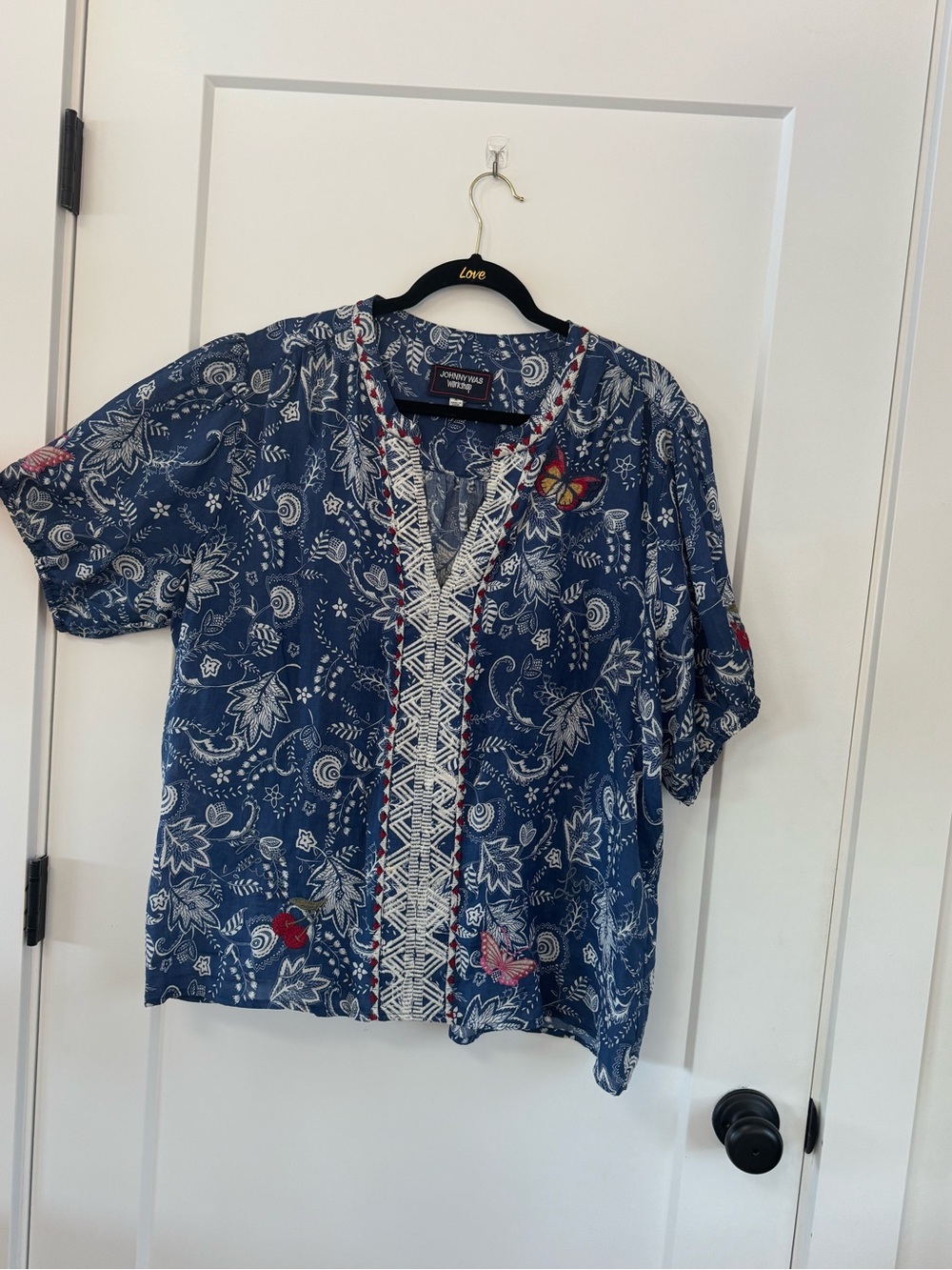 Johnny Was Navy Blue Printed V-Neck Blouse with White Embroidery